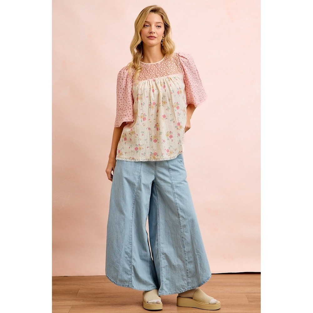 BiBi Crinkle Floral Gauze Mix And Matched Blouse Top - Cream/Pink - Medium - Picture 11 of 11